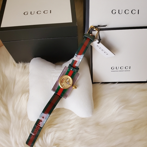 Gucci Rare Skeleton Sherry Line Leather Belt Buckle Green Watch - Picture 1 of 11